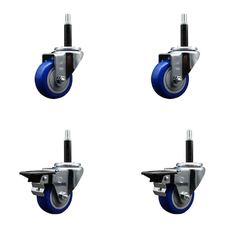 Service Caster 3'' Blue Poly Wheel Swivel 3/4'' Expanding Stem Caster Set 2 Brakes, 4PK SCC-EX20S314-PPUB-BLUE-2-PLB-2-34